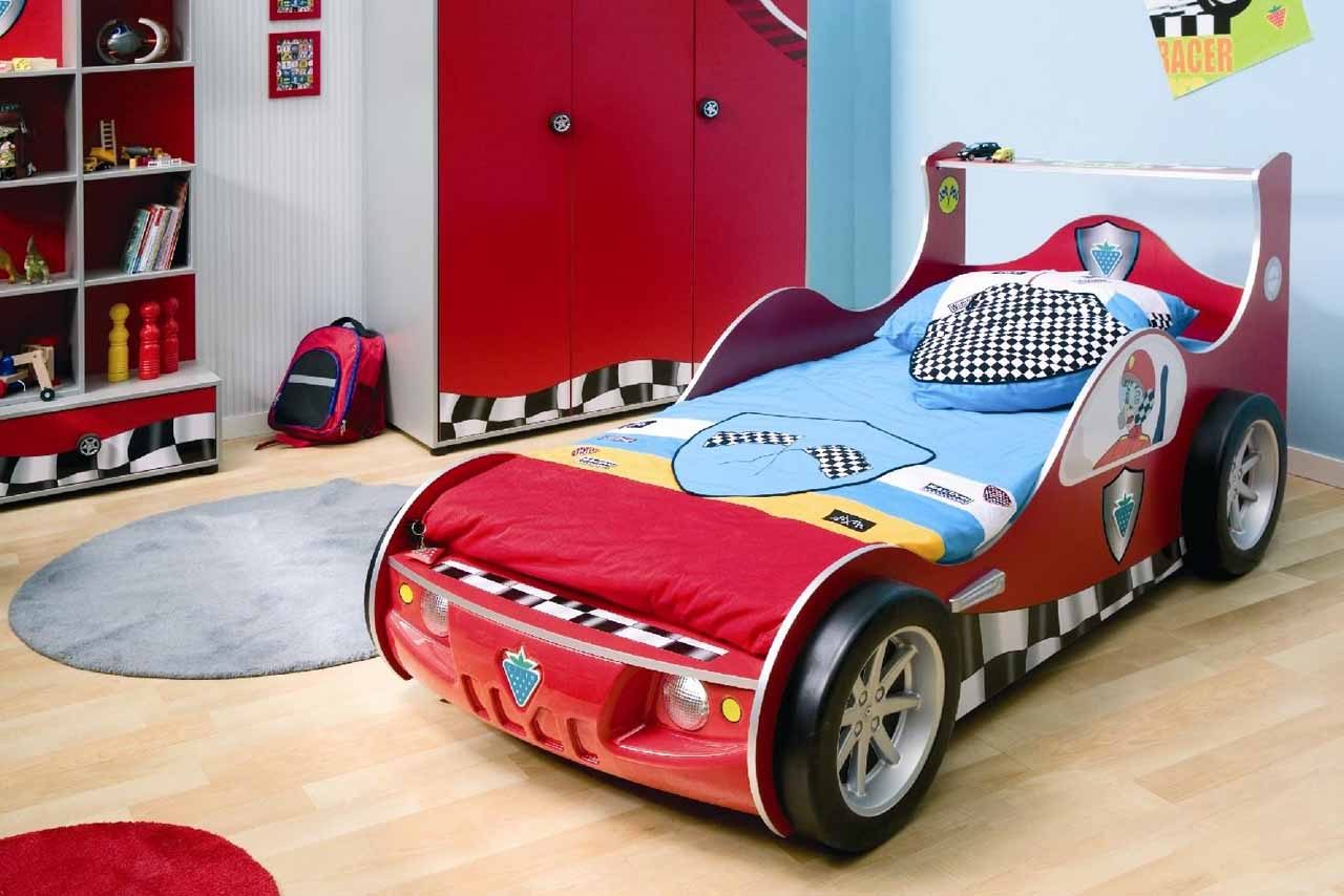 attractive-boys-bedroom-designs-ideas-sports-kids-bedroom-with-awesome-car-bed-design-with-big-red-wardrobe-and-bookcase-also-small-carpet