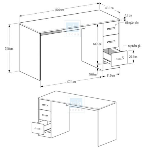 Kích thước chi tiết BLV66 với 3 ngăn kéo.
