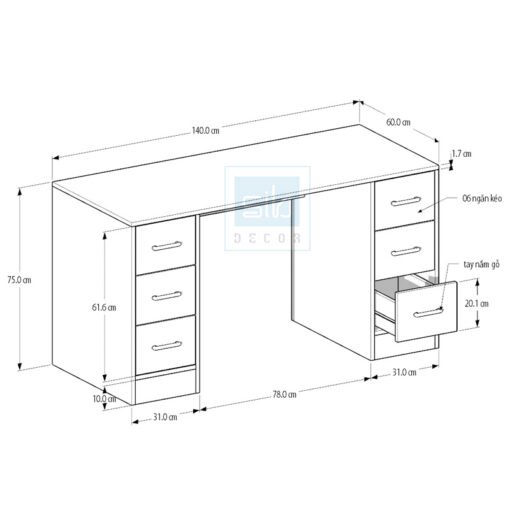 Kích thước chi tiết BLV66 với 6 ngăn kéo.