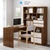 Bàn máy tính và tủ sách màu trắng + walnut nâu sang trọng (tủ sách bên trái)