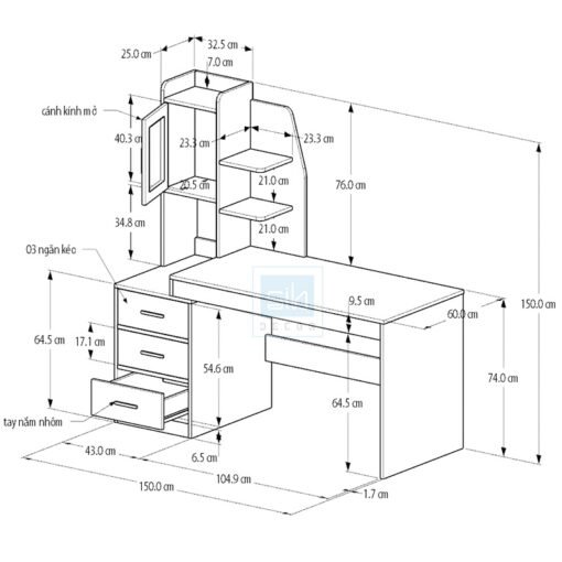 Kích thước chi tiết bàn làm việc BLV09