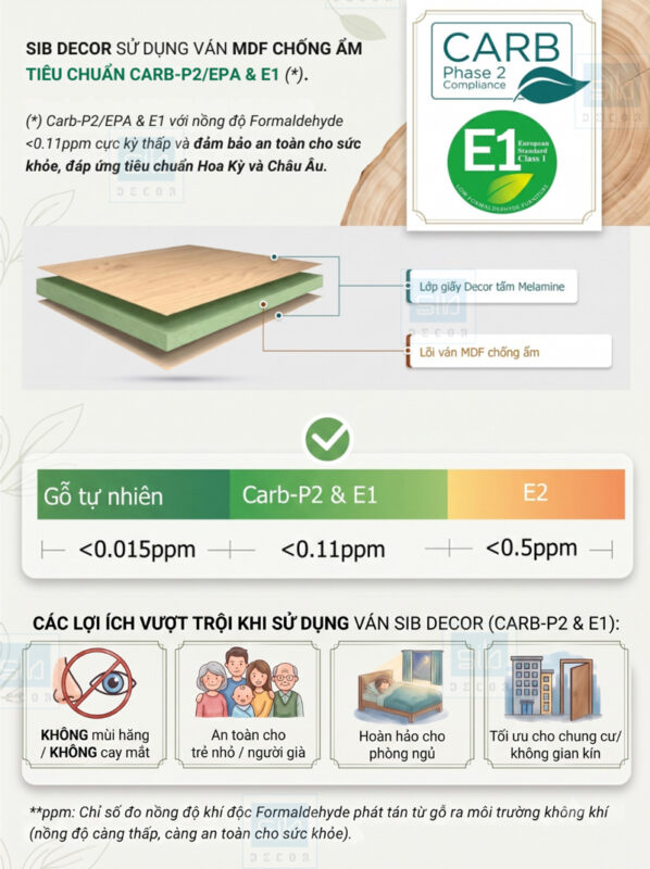 Van MDF chong am phu melamine. Tieu chuan Carb P2 EPA E1 an toan suc khoe