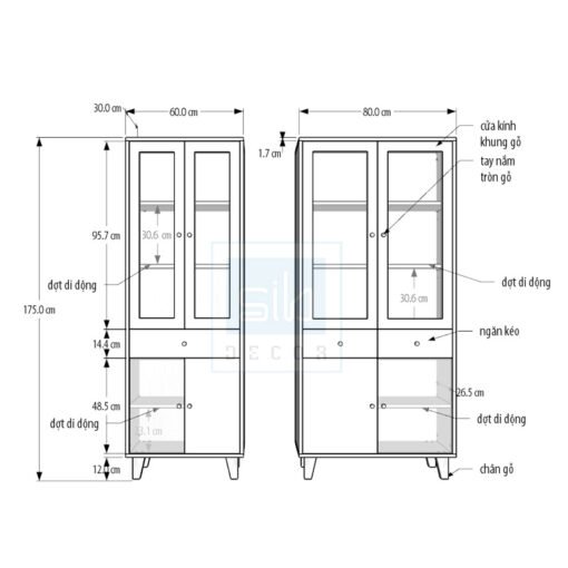 Kích thước chi tiết tủ sách đa năng KG45.