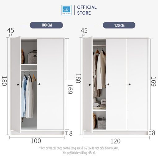 Kích thước chi tiết tủ áo TA13 dài 100-120cm.