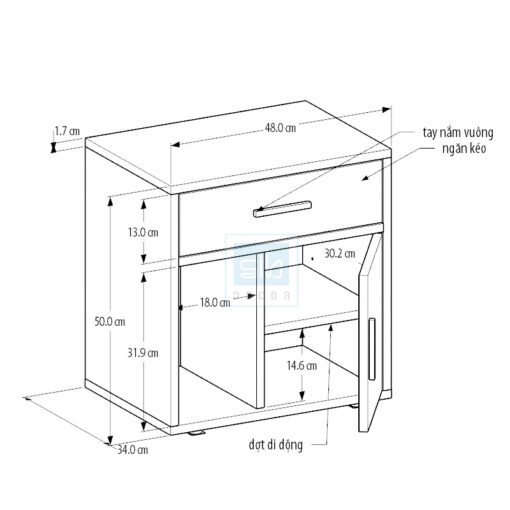 Kích thước tổng thể tủ đầu giường KDG08