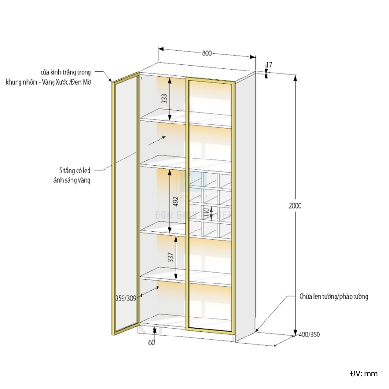 Kích thước chi tiết tủ trưng bày cánh kính đèn LED TR05
