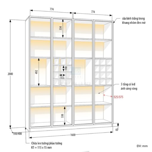 Kích thước chi tiết tủ rượu trưng bày TR07