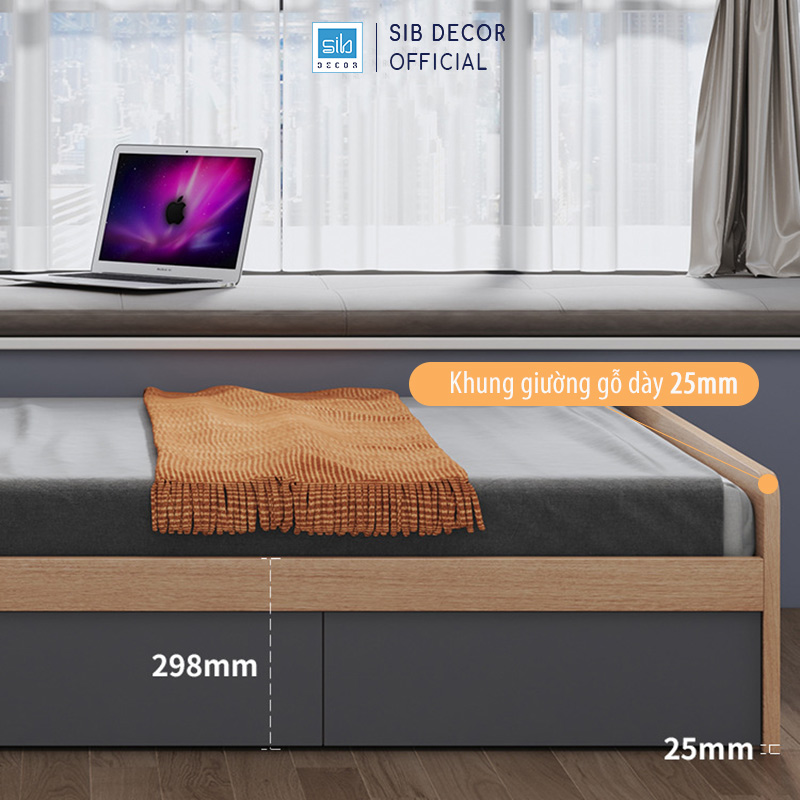 Khung giường gỗ 25mm đặc đảm bảo sự ổn định và chắc chắn. Không gây tiếng ồn.