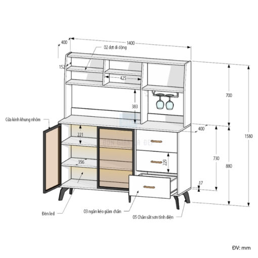 Kích thước chi tiết tủ gỗ cánh kính KG50