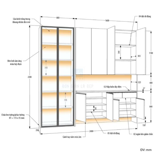 Kích thước chi tiết tủ gỗ cánh kính TCK45