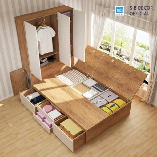 Giường và tủ quần áo có nhiều ngăn lưu trữ tiện lơi, giúp tiết kiệm diện tích.