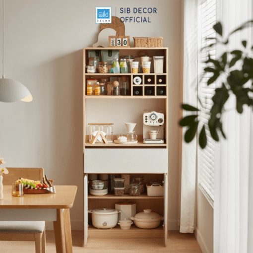 Tủ bếp có ô rượu màu trắng vân gỗ
