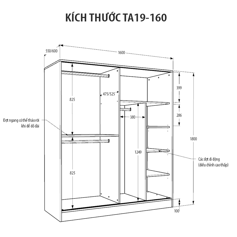 Kích thước tủ áo gỗ TA19 ngang 160cm. Có 2 lựa chọn bề rộng 55cm hoặc 60cm.