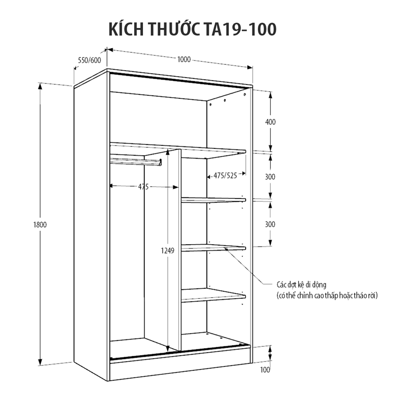 Kích thước tủ áo gỗ TA19 ngang 100cm. Có 2 lựa chọn bề rộng 55cm hoặc 60cm.