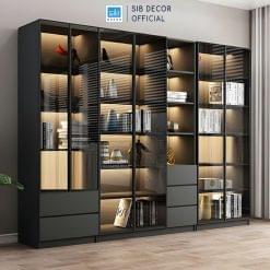Hệ Tủ Gỗ Cánh Kính Trưng Bày Đèn LED Hiện Đại Dài 260cm TCK08 SIB Decor