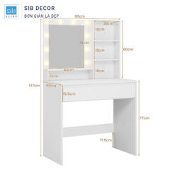 Kích thước bàn trang điểm LED, gương lớn kèm kệ để đồ bên phải tiện ích