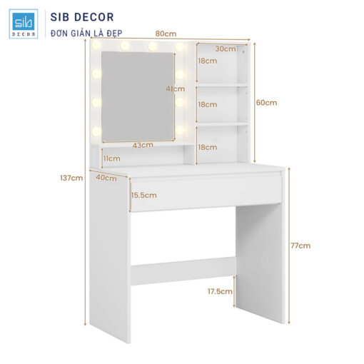 Kích thước bàn trang điểm LED, gương lớn kèm kệ để đồ bên phải tiện ích