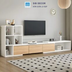 Tủ tivi phòng khách đẹp SIB Decor KTV2546 thiết kế chữ L màu trắng vân gỗ tự nhiên