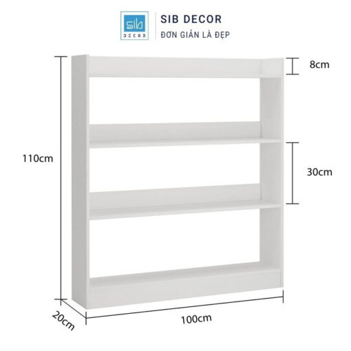 Kệ sách gỗ 4 tầng màu trắng, chiều rộng 100cm, chiều cao 110cm, kiểu dáng hiện đại tối giản