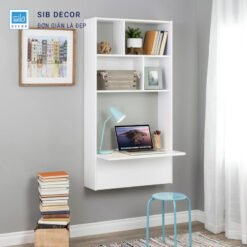 Bàn treo tường trắng hiện đại, kết hợp kệ trang trí tạo góc học tập hoặc làm việc gọn gàng
