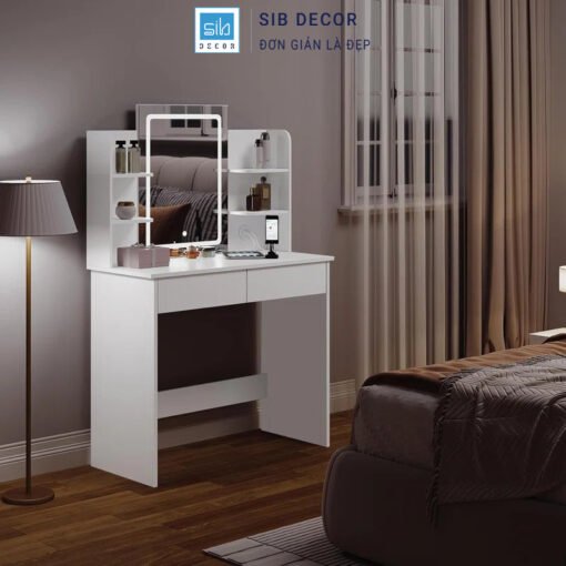 Bàn trang điểm có gương đèn LED kiểu dáng hiện đại, bố trí cạnh giường ngủ
