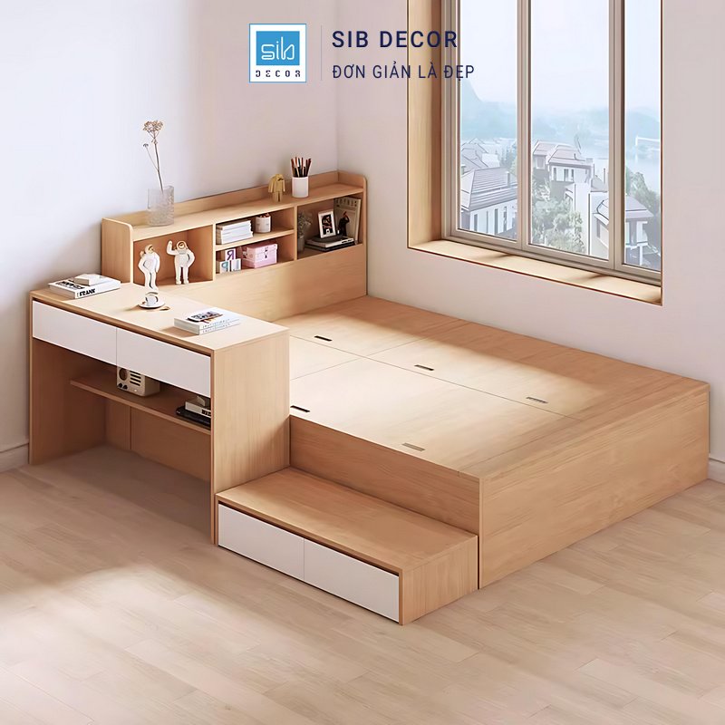 Giường kết hợp bàn học GN2541 màu gỗ sáng mang lại cảm giác ấm cúng