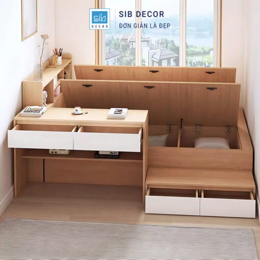 Giường kết hợp bàn học đa năng, tích hợp nhiều hộc chứa đồ tiện lợi dưới nệm và bậc thang