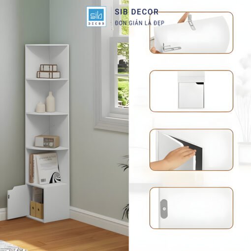 Kệ góc 5 tầng có ngăn dưới đóng mở linh hoạt, tiện cất giữ sách vở và phụ kiện nhỏ
