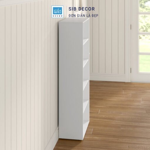 Kệ sách 4 tầng trắng gọn nhẹ nhìn ngang, thiết kế mỏng phù hợp không gian hẹp