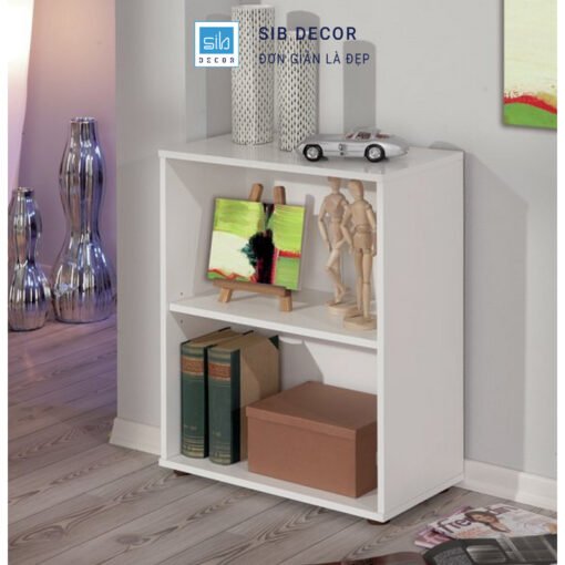 Kệ sách 4 tầng màu trắng trưng bày tranh vẽ, tượng gỗ và hộp lưu trữ tiện lợi