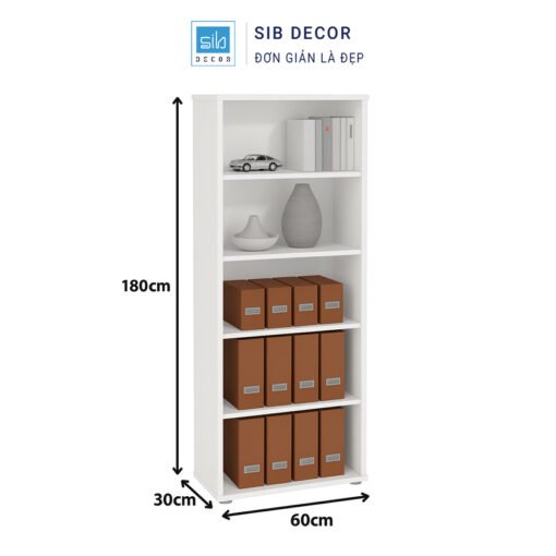 Kệ sách 4 tầng màu trắng tự nhiên, kích thước 180x60x30cm, chia ngăn tối ưu lưu trữ