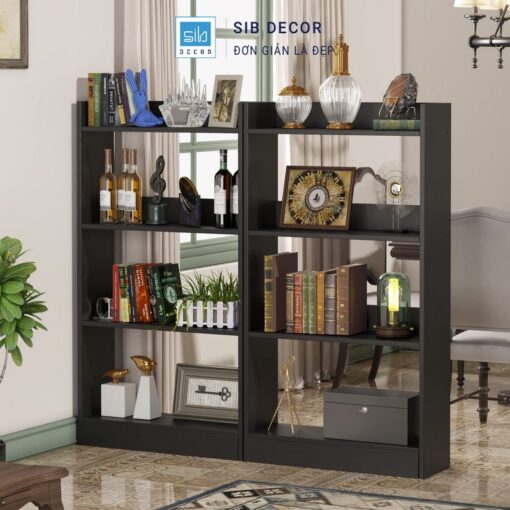 Kệ sách gỗ 4 tầng màu đen, kết hợp tủ rượu và vật dụng trang trí sang trọng cho phòng khách