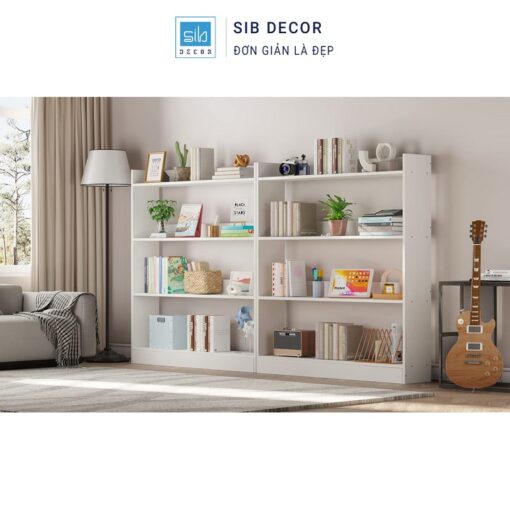 Kệ sách gỗ 4 tầng đôi màu trắng, bố trí dọc tường tạo không gian lưu trữ rộng rãi
