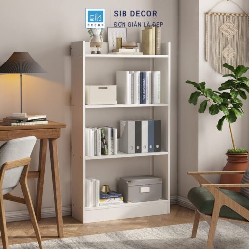 Kệ sách gỗ 4 tầng màu trắng, thiết kế đơn giản kết hợp không gian làm việc hiện đại