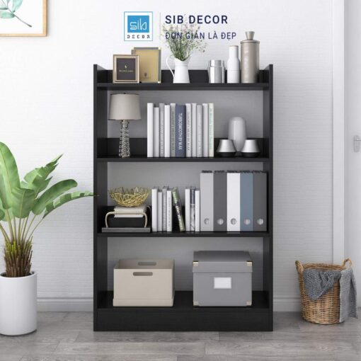 Kệ sách gỗ 4 tầng màu đen, bố trí khoa học với tài liệu và đồ trang trí sang trọng