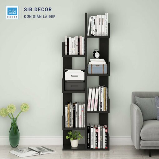 Kệ sách hiện đại màu đen thiết kế đứng tiết kiệm không gian, nhiều tầng để sách và đồ trang trí