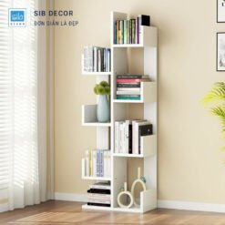 Kệ sách đứng màu trắng với các ngăn uốn lượn, phù hợp phòng khách hoặc phòng làm việc