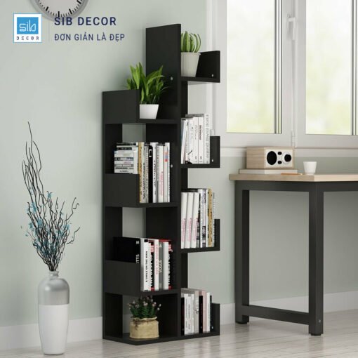 Kệ sách hiện đại màu đen thiết kế ô zigzag, bày trí sách và cây xanh hợp lý
