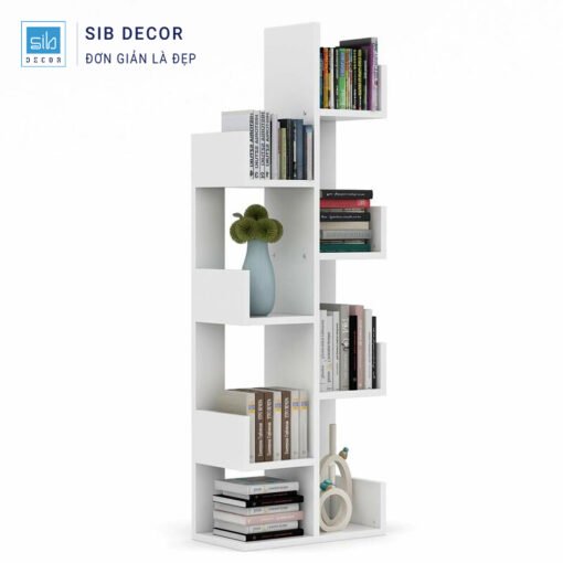 Kệ sách đứng màu trắng kiểu dáng sáng tạo, phối hợp decor và sách sinh động
