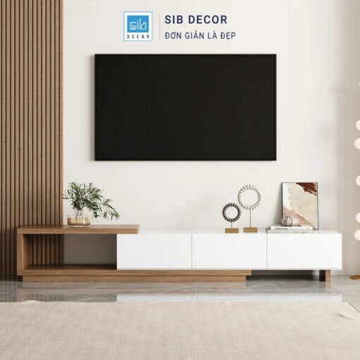 Kệ tivi gỗ óc chó kéo dài tông trắng nhã nhặn, kết hợp nền gạch sáng sang trọng