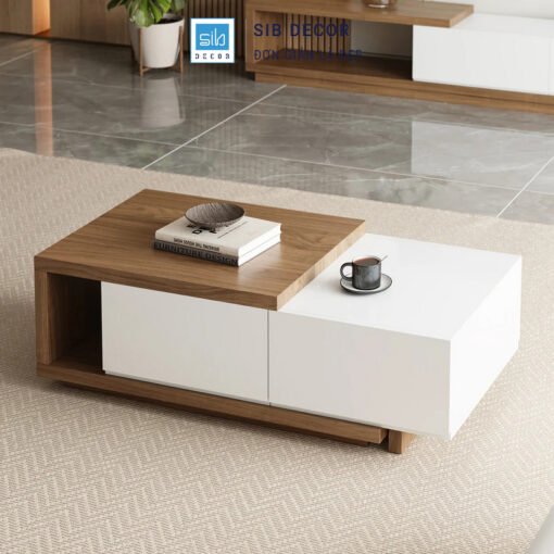 Bàn trà gỗ óc chó kết hợp trắng hiện đại, đồng bộ với kệ tivi kéo dài cùng chất liệu
