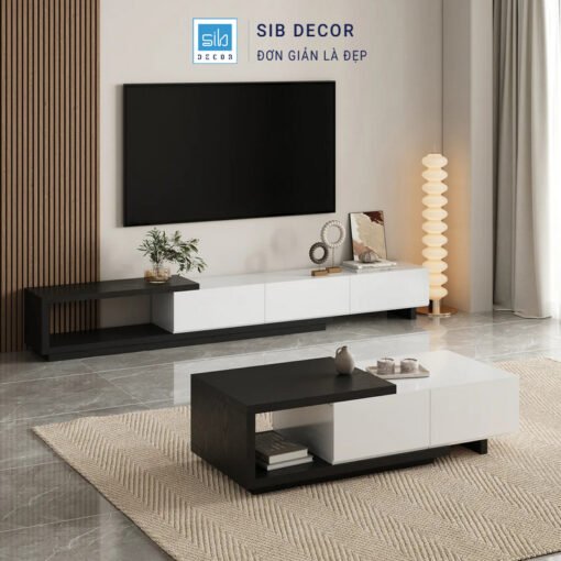 Phòng khách hiện đại với kệ tivi gỗ óc chó kéo dài phối trắng đen sang trọng