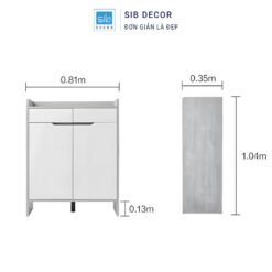 Kích thước tủ giày hiện đại: ngang 81cm, sâu 35cm, cao 104cm, chân tủ cao 13cm