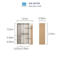 Kích thước chi tiết tủ quần áo trẻ em, cao 2m1, rộng 1m57, chia ngăn khoa học