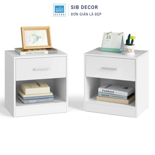 Cặp tủ đầu giường gỗ công nghiệp màu trắng, thiết kế đơn giản phù hợp nhiều không gian
