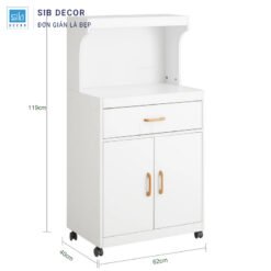 Tủ đựng đồ nhà bếp màu trắng, kích thước 62x40x119cm, thiết kế có bánh xe di chuyển dễ dàng