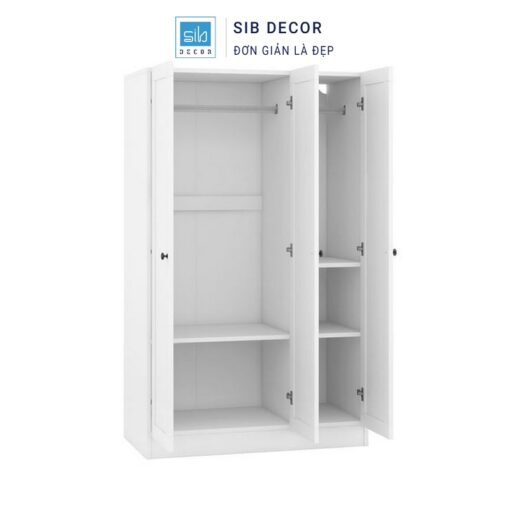 Tủ quần áo 3 cánh màu trắng, thiết kế chia ngăn treo và kệ gấp đồ tiện dụng