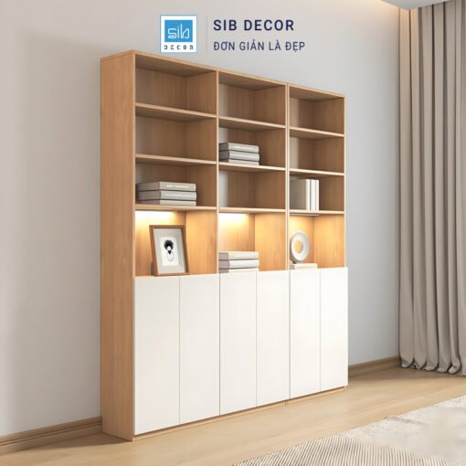 Tủ sách đứng cao cấp với hệ thống đèn LED chiếu sáng, mang lại cảm giác sang trọng