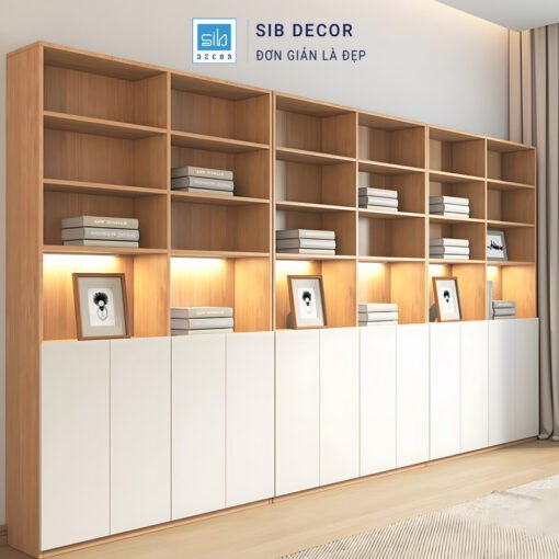 Tủ sách hiện đại lớn sáu khoang, tích hợp cả lưu trữ mở và đóng, phù hợp không gian phòng khách