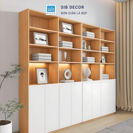 Tủ sách 4 khoang lớn, chia nhiều đợt với ngăn trưng bày nổi bật, phù hợp phòng khách